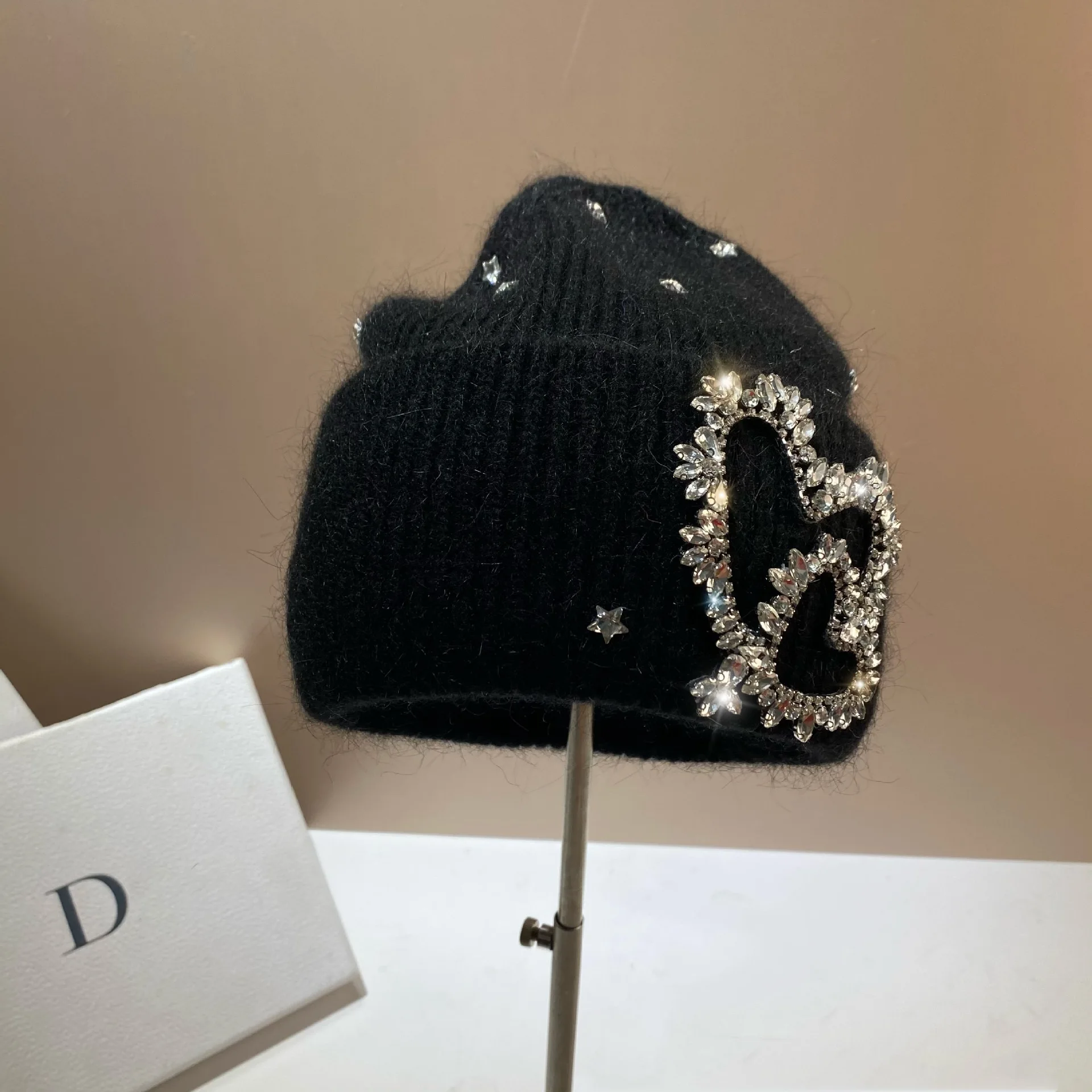 South Korea Heavy Industry Winter Outdoor Warm Ear Protection Beanies Sweet Wool Rhinestone Love Rabbit Hair Knitted Hat Cold