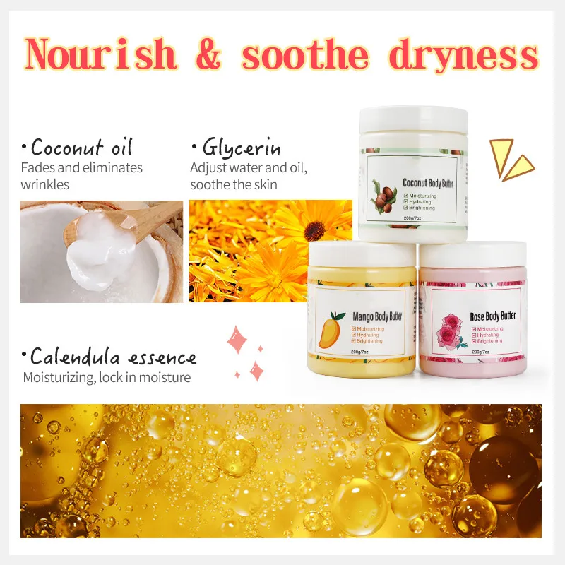 Hot Selling organic body butter whitening moisturizing soothing rose mango coconut body butter private label