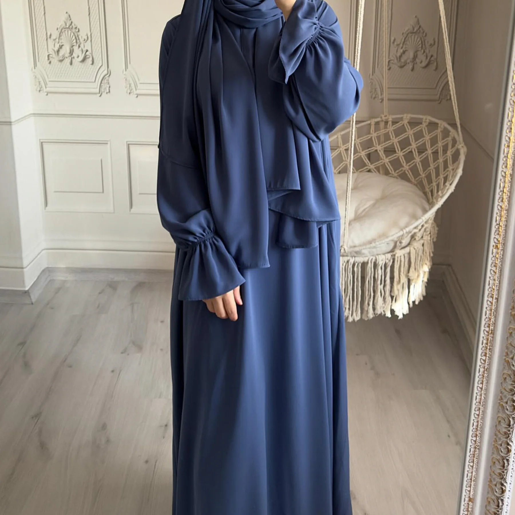 Eid Solid Color Simple Modest Kaftan Islamic Clothing For Women Prayer Abaya Hoodie Dubai Turkey Style Plus Size Muslim Dresses