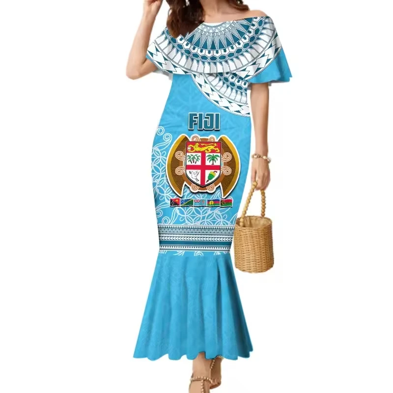 Polynesian Tribe Custom Fiji Mermaid Maxi Dress Melanesian Festival Women Elegant Off Shoulder Tight Sexy Dress