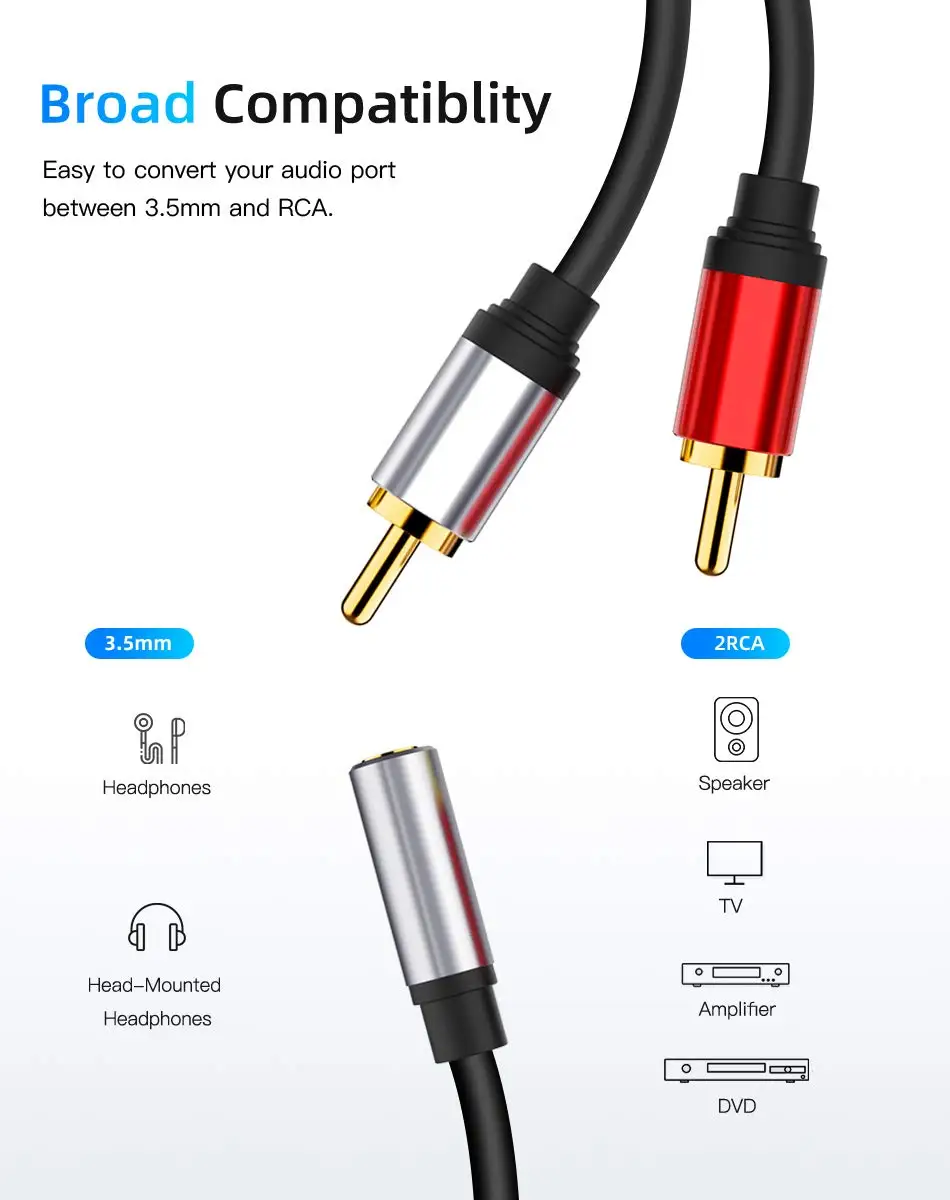 Hot selling av cable 3.5mm to 2RCA jack audio cable  computer TV speaker connection cable