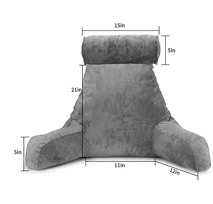 Big Backrest Reading Bed Rest Pillow with Arms, Plush Memory Foam Fill, Remove Neck Roll Off Bungee, Change Covers, Zipper