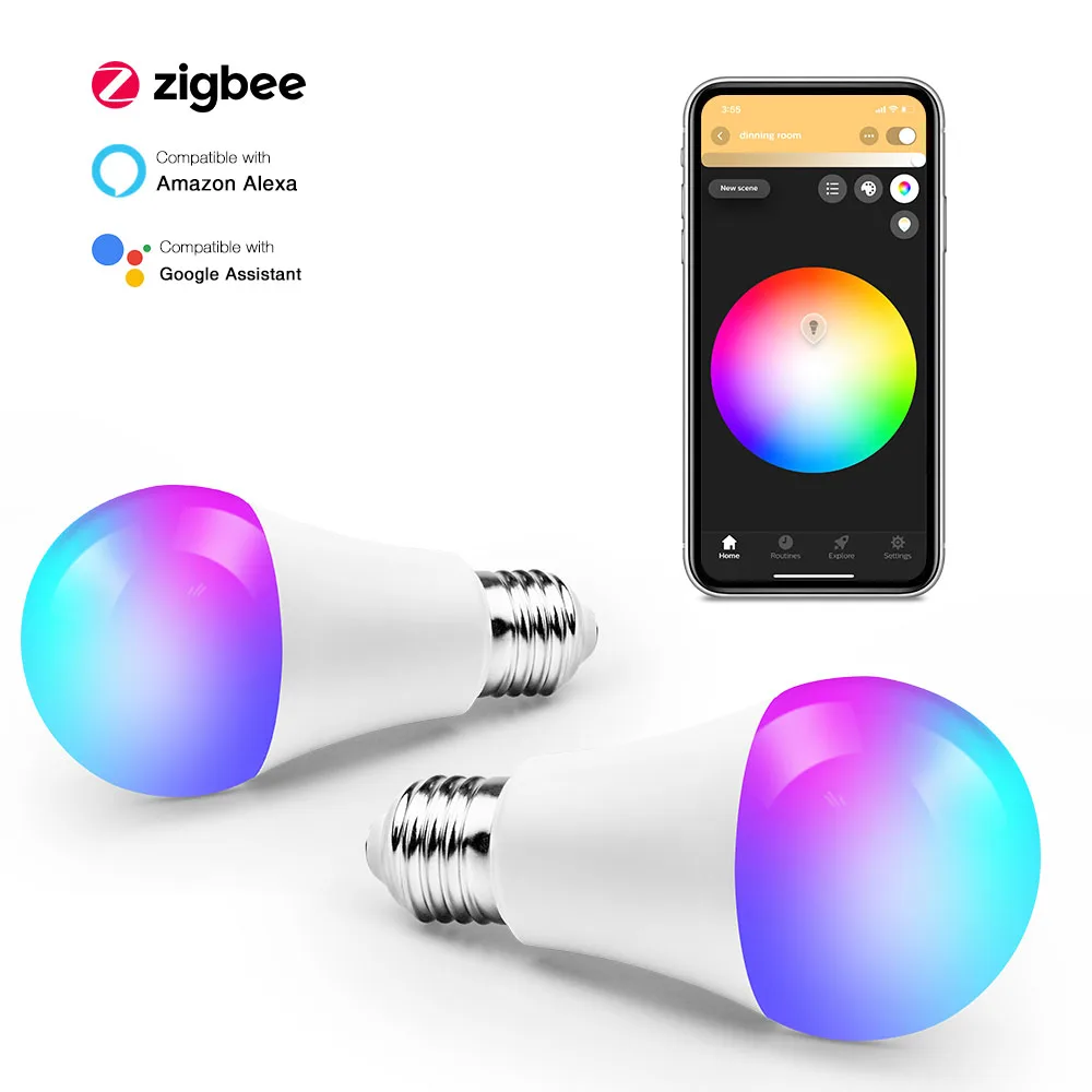 
RGBW Color Changing Light Bulb A60 Dimmable 9W 800 Lumens 2700K-6500K Zigbee LED Lights Bulbs Work with Alexa Google Home 