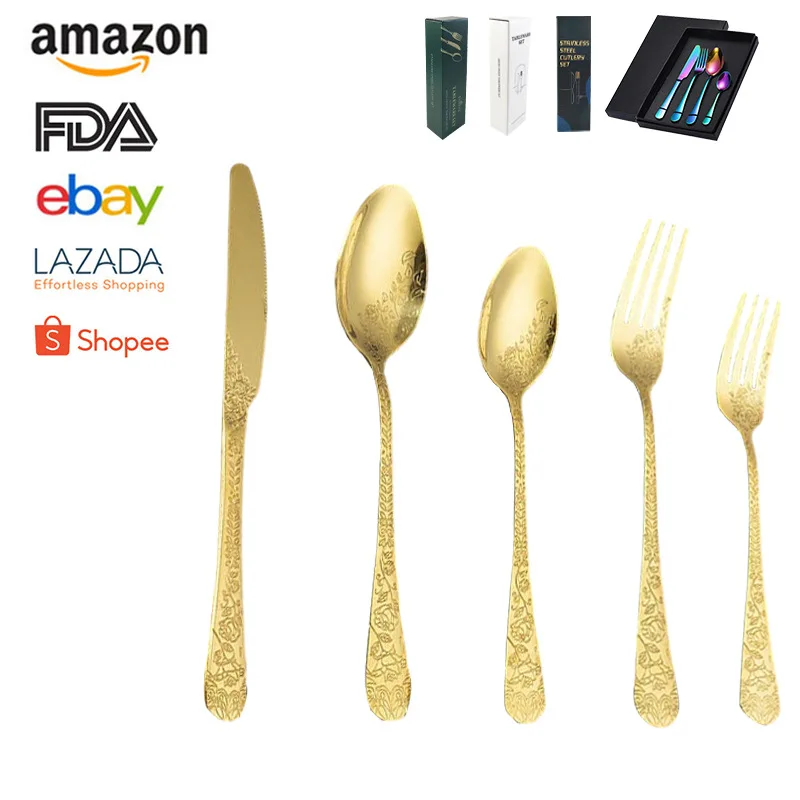 Knife, fork, stainless steel hammer, sand polishing tableware set, restaurant wedding gold tableware set Stainless Steel Cutlery