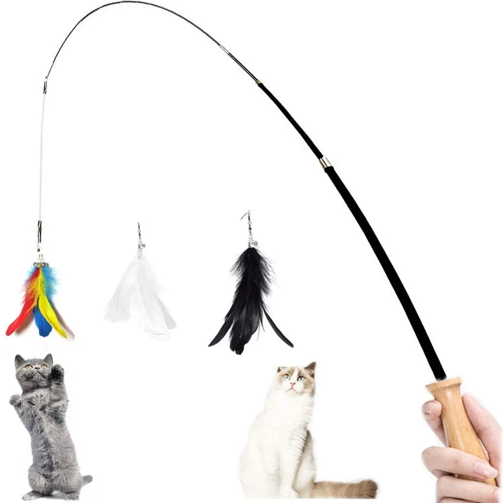 Fishing Rod Design Retractable Wand Stick Teasery feather Interactive Pet Cat Teaser Stick Toys With Soft Handle