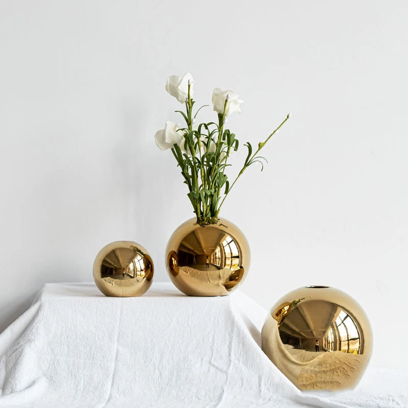 Golden Electroplated Ceramic Ball Flower Vase Interior Modern Decorative Vase For Home Living Room