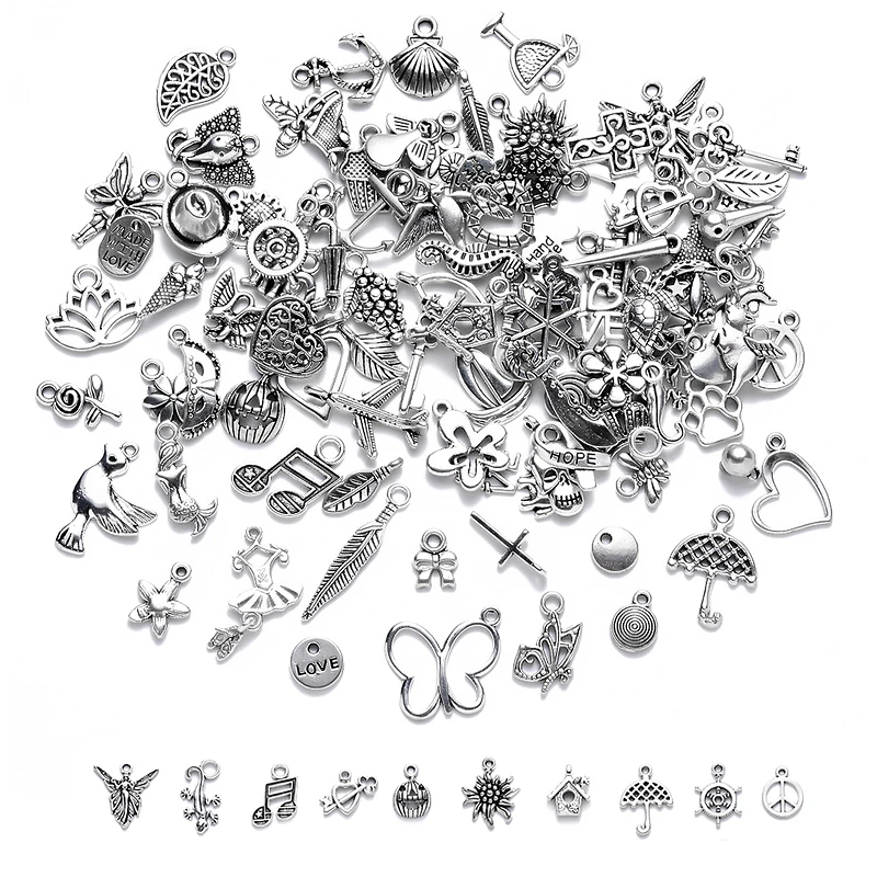 SOJI Wholesale 100pcs per bag Tibetan Silver Craft Supplies Alloy Jewelry Making Charms Pendants DIY for Necklace Bracelet