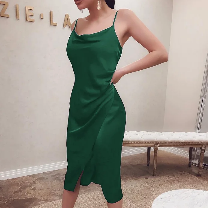 
XG1999 Summer 2020 new Stretch satin hem cross dress sexy silky skin-friendly dress with small confetti 