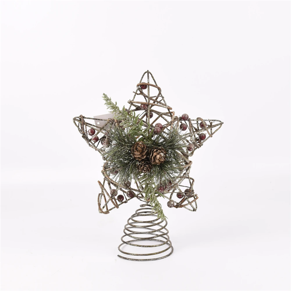 GY BSCI Christmas Decoration Metal Wire Brown Hanging Rattan LED Lights Decorated Star Tree Topper