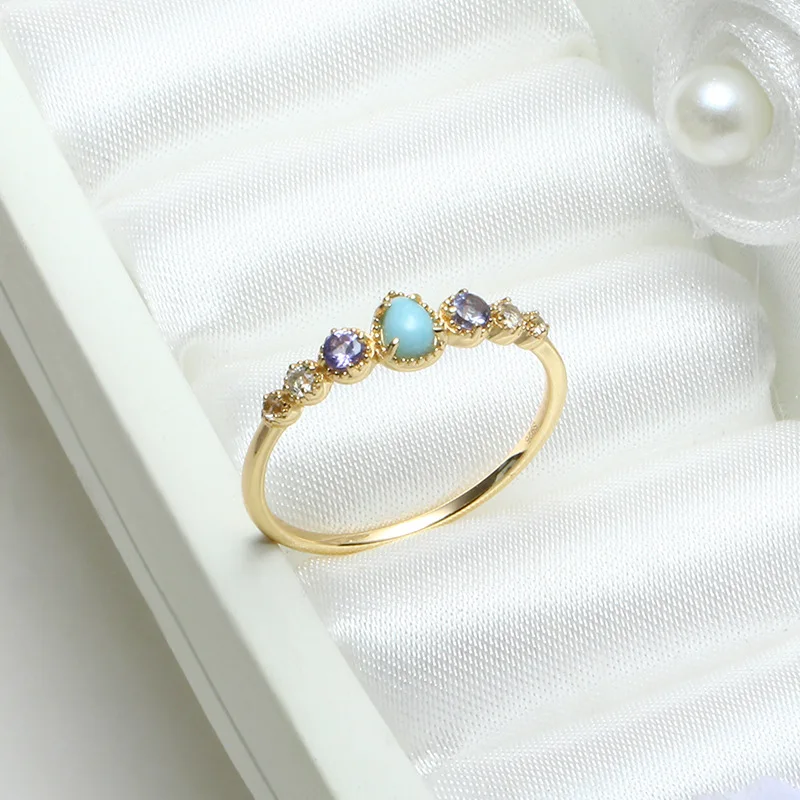 Beautiful Waterdrop Blue Natural Copper Pectolite Tanzanite Topaz 925 Sterling Silver Ring