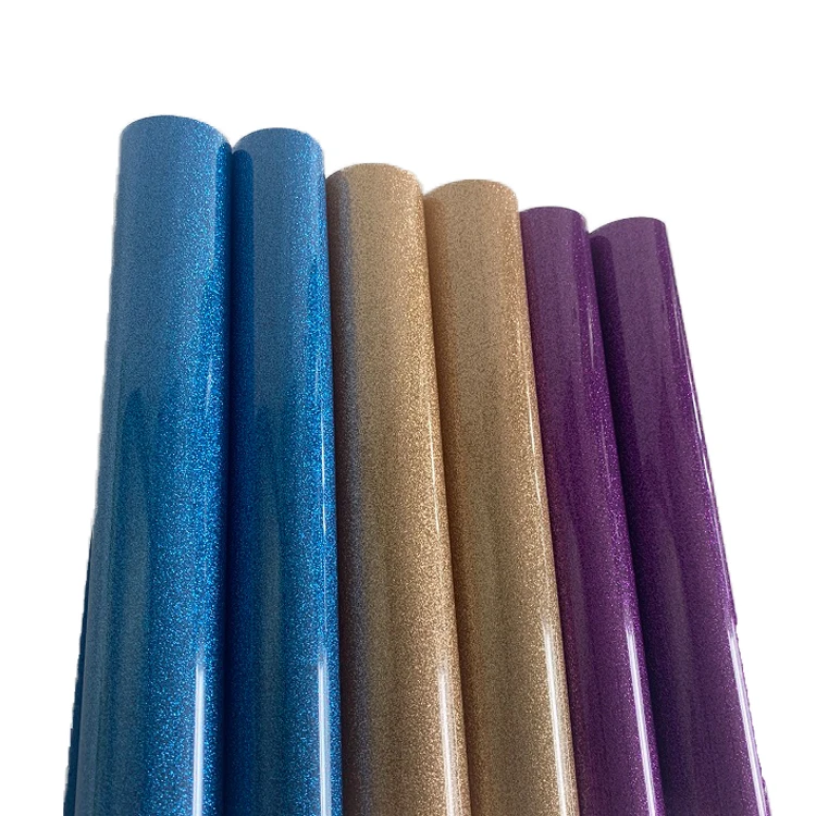 Professional colorful PU cutter ploter fashionable heat press garment label permanent self adhesive printable glitter vinyl