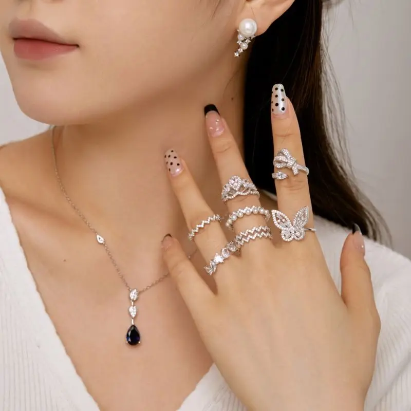 New Arrival Elegant Accessories Chain 925 Sterling Silver Cubic Zirconia Blue Pink Water Drop Pendant Necklaces  Jewelry Women