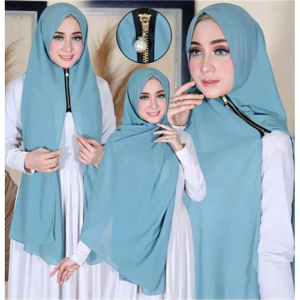 Sharut Fashion Malaysian Ready To Wear Plain Chiffon Hijab for Muslim Women Shawl Pashmina Pearl Zipper Instant Chiffon Hijab