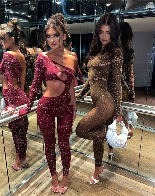 Womens One Piece Nightwear Party Clubwear Bodycon Rhinestone Crystal Bodystocking Jumpsuit  Lingerie