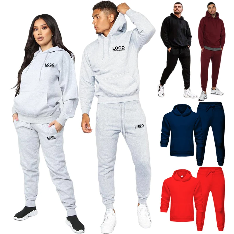 Wholesale Custom Logo pure color jogging wear unisex sport fitness sweatsuit 2 piece hoodie sets tracksuit