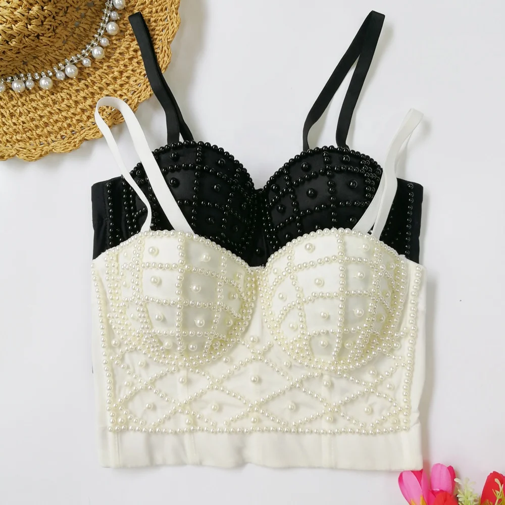 High Quality Manufactory Handmade Women Ladies Straps Crop Boning Padded Corsage Corselet Bustier Pearl Corset Top With Beads