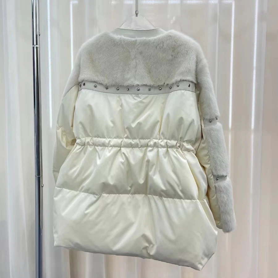 OFTBUY 2023 Fashion Winter White Goose Feather Down Short Jacket Real Mink Fur Shawl RivetedCoat Women Loose Streetwear