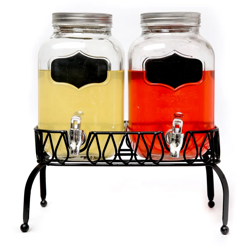 Home Kitchen Party 2pcs 1 Gallon 4 L Glass Beverage Dispenser Mason Jar With Tap And Metal Lid Stand