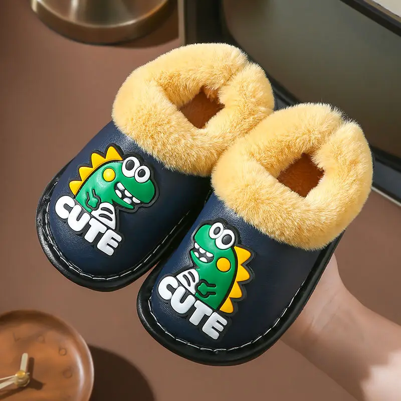 Children Cartoon Dinosaur Design Waterproof Cute Plush Shoes Slipper Comfort Children Indoor Home Kid Fur Slippers