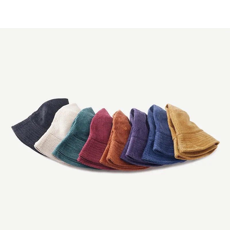 Winter pure color corduroy fisherman hat female embroidered bucket hat