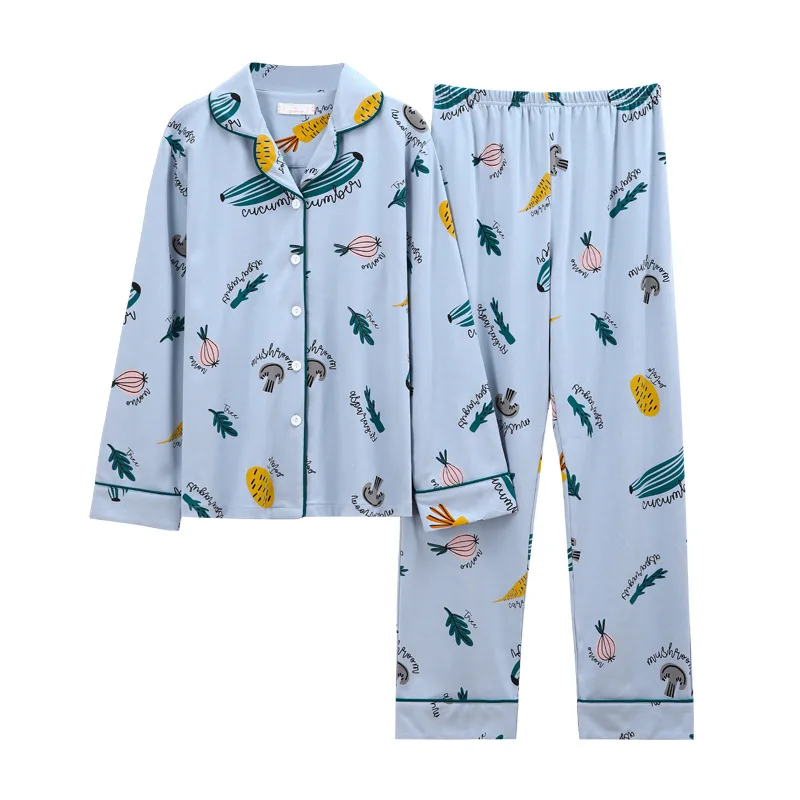 Two Pieces Loose Sleepwear Homewear lovely print Color Button Long Sleeve Couples Pure Cotton Long Sleeve Pajama Sets