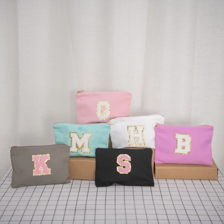 Custom Logo canvas durable toiletry bag ladies towel embroidery logo makeup box large capacity cosmetic bag with metal zipper