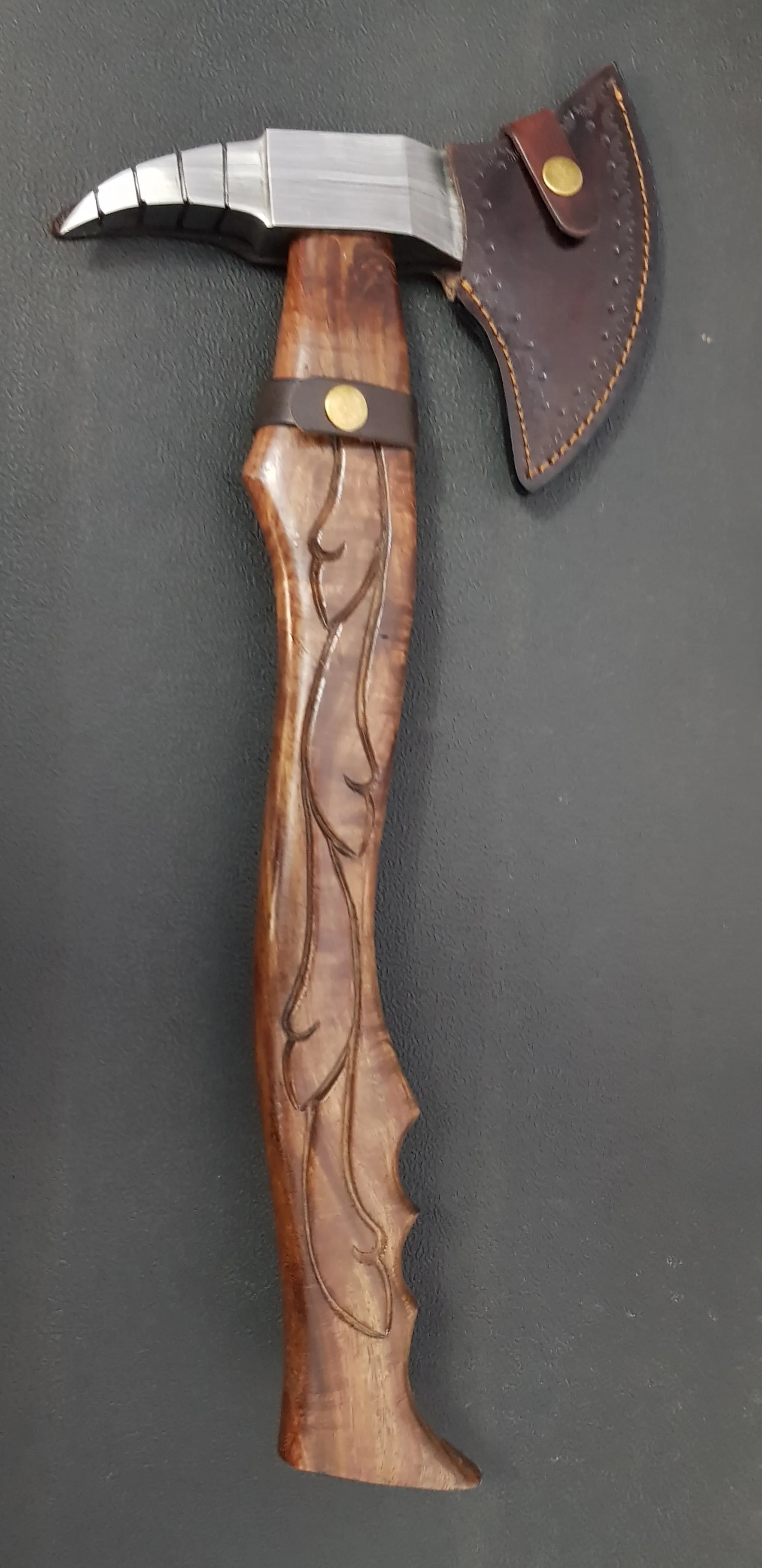 Damascus steel axe with rose wood engraved handle