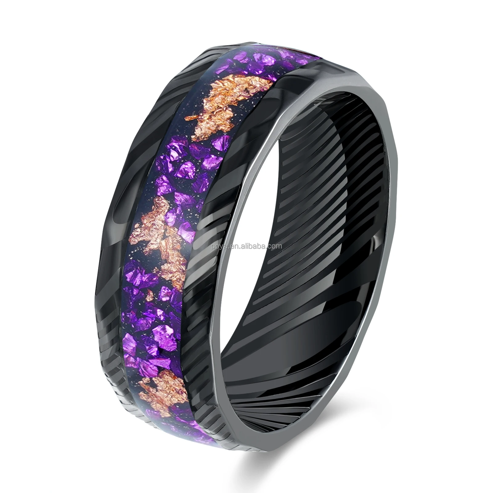 Poya Jewelry Damascus Grain Moss Agate Opal Purple Stone Meteorite Inlay Tungsten Wedding Rings for Couple