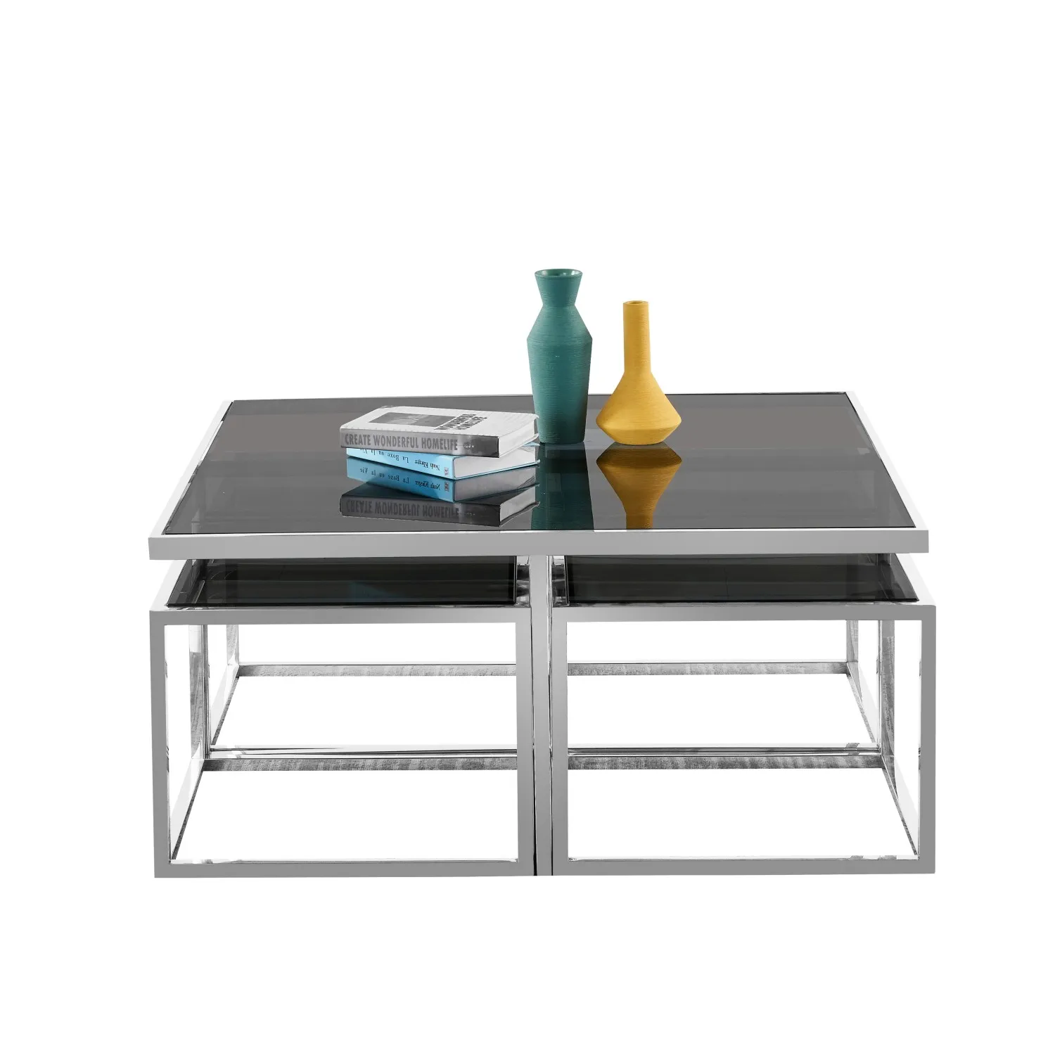 MODERN grey black glass nesting 4 coffee table set silver stainless steel center table for home living room furniture