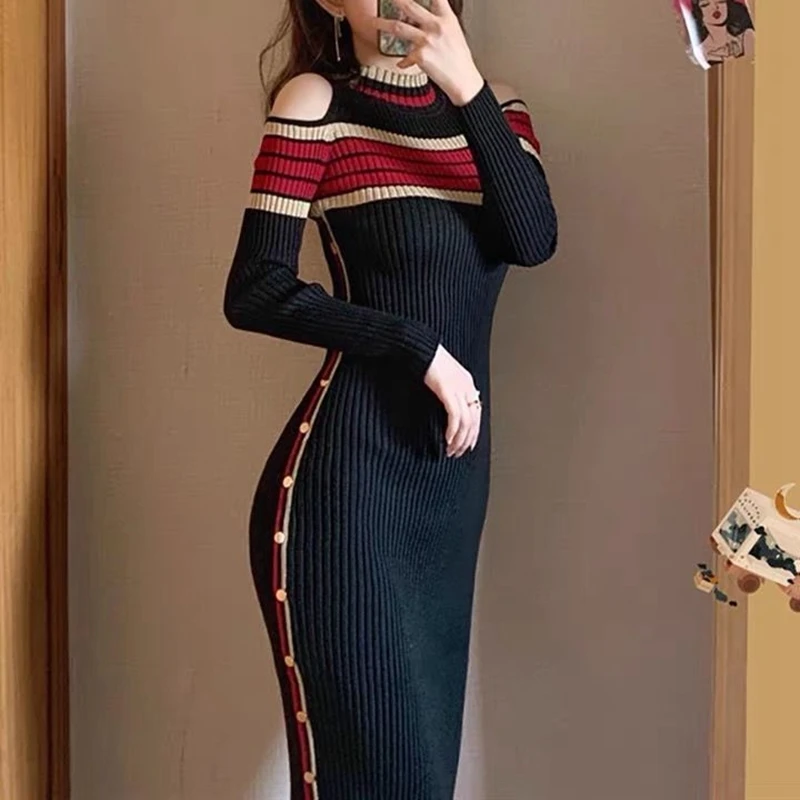 Striped Slim Slit Trendy New Knit Midi Dresses Long Sleeve Women Elegant Sexy Dress