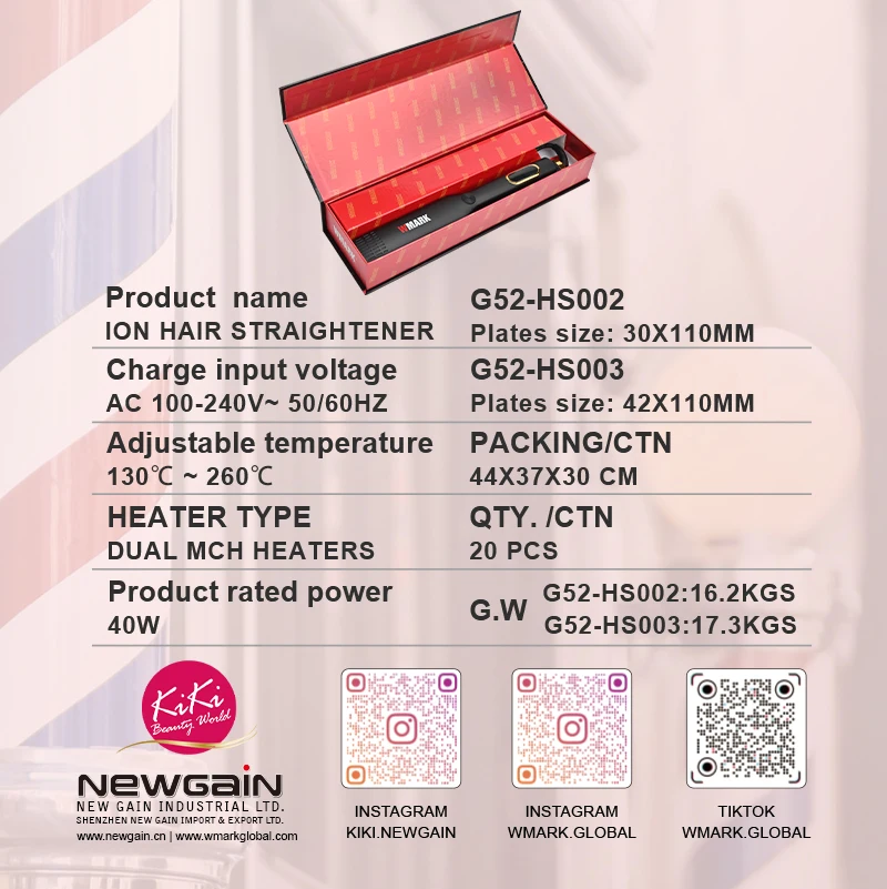 WMARK G52-HS003 RTS High Temperature 260C-500F Dual MCH Heater Titanium Plates Ion Flat Iron Hair Straightener For Salon