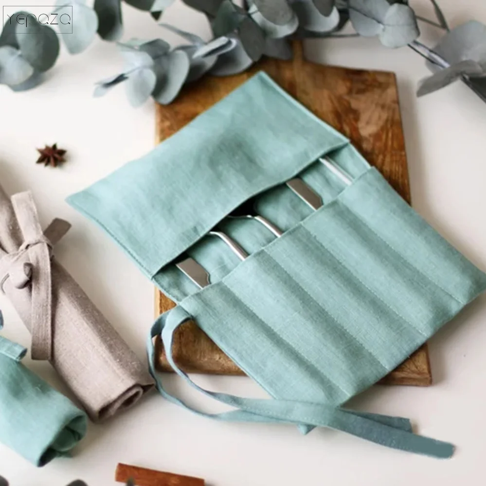 Reusable Utensil Holder Bag Linen Cutlery Roll Picnic Wrap Case