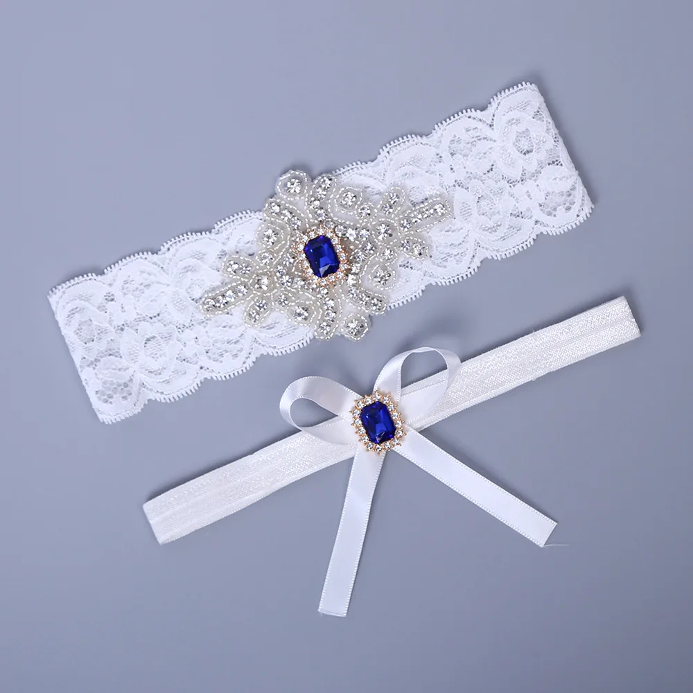 MULHERELFO Lace 2pcs/Set Wedding Garter Blue rhinestones Garters for Women Bride Thigh Ring