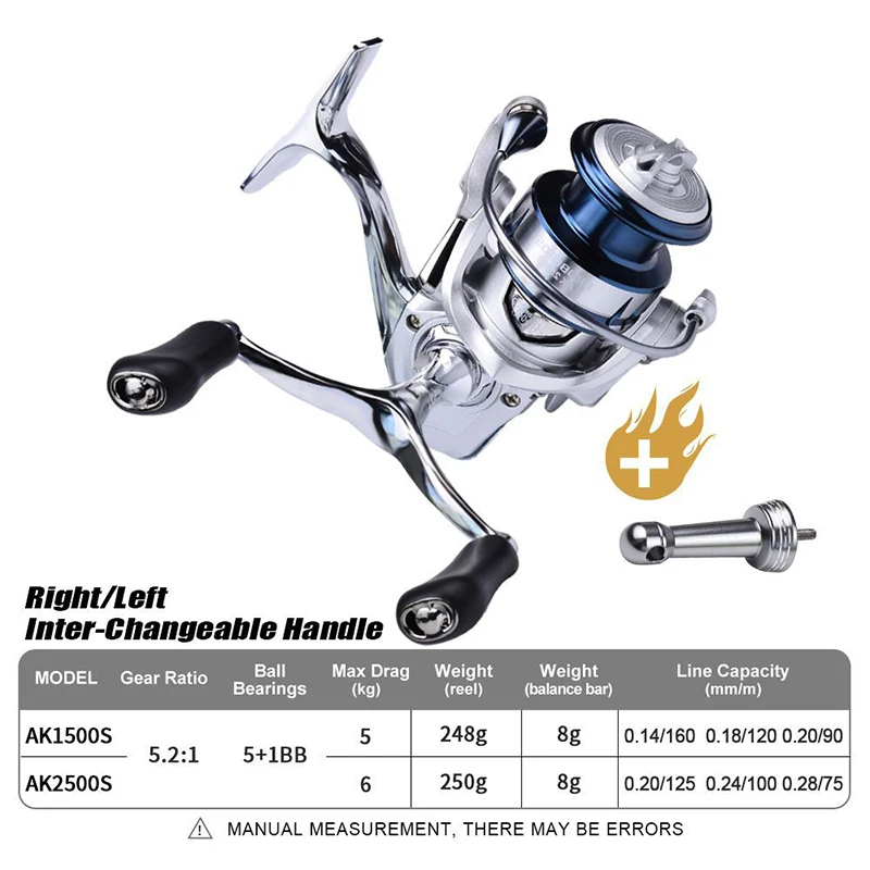 WEIHE AK1500S/AK2500S Spinning Fishing Reel CNC Metal Spool Wheel Full Handle