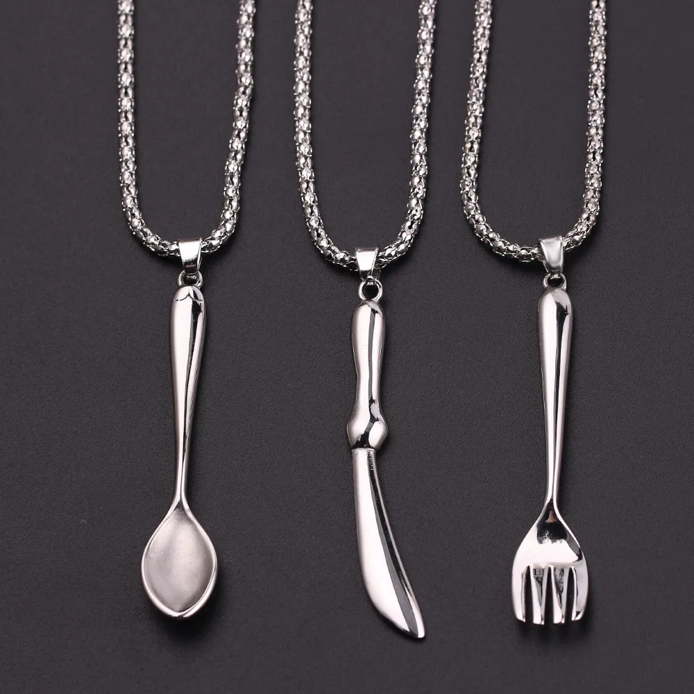 European and American fashion tableware spoon knife and fork pendant necklace wholesale