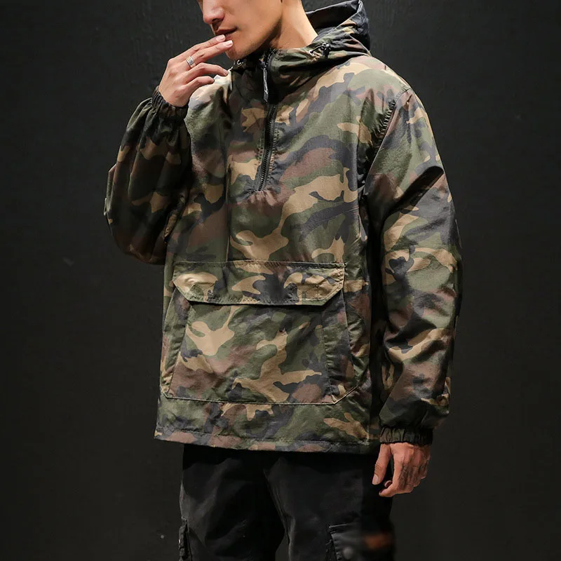 Wholesale Vintage Kangaroo Pocket Polyester Sweats Hooded Camouflage Camo Reversible Half Zip Pullover WindbreakerJackets Men