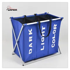 High quality 3 compartments folding laundry basket with aluminum frame