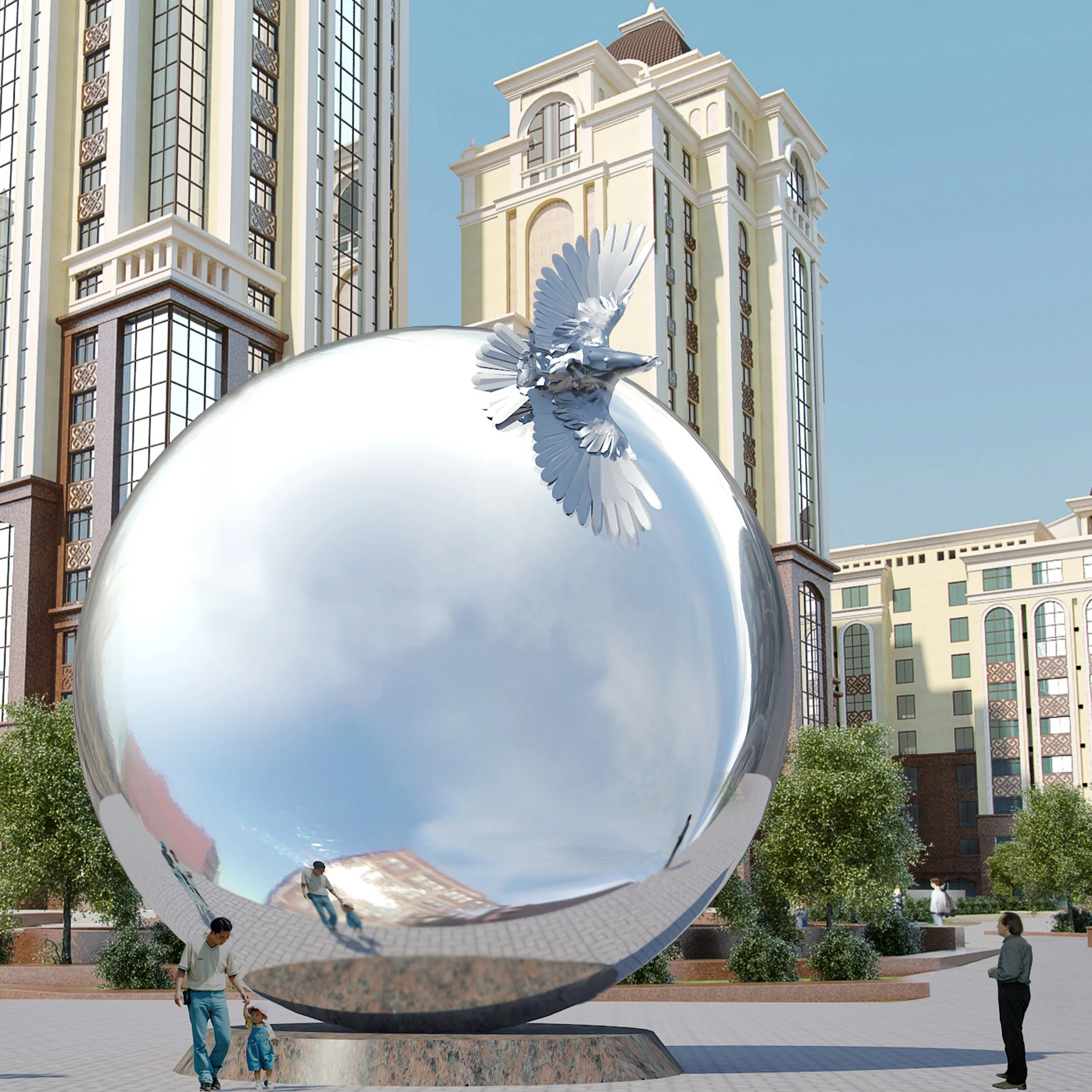
Outdoor Large Size High Polish Mirror Finish Stainless Steel Metal Sphere Ball Sky Eagle Flying National Celebration Sculpture 