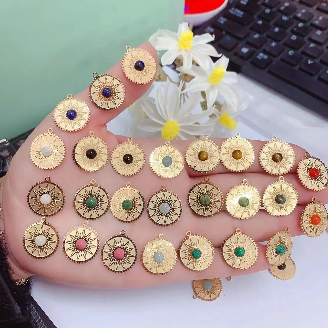 ethnic style gold brass round oval shape jade stone pendants heart shape gemstone charms for necklace