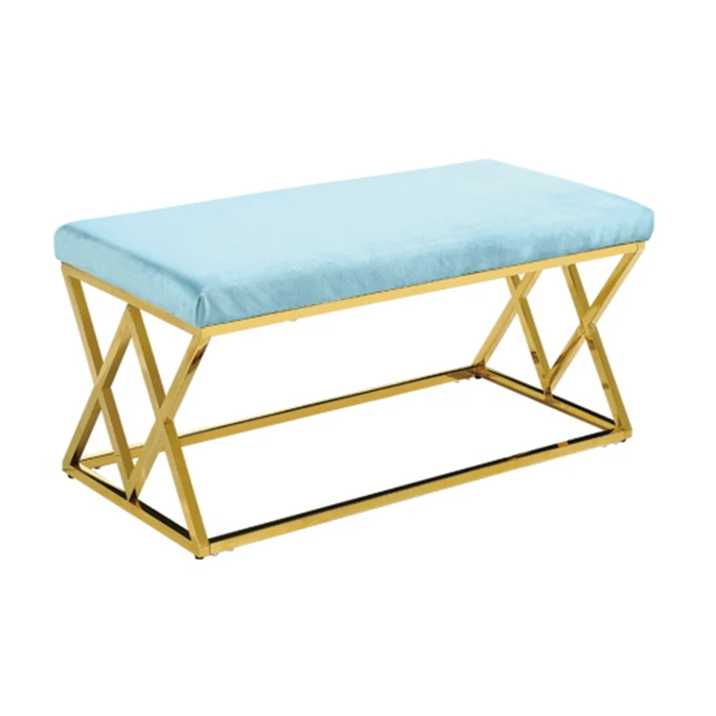 Sky blue Velvet fabric leather Long bench chair with soft upholstery seat stainless steel frame