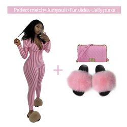 Новое поступление, Модные Недорогие удобные Разноцветные полосатые женские комбинезоны, меховые тапочки с кошельком