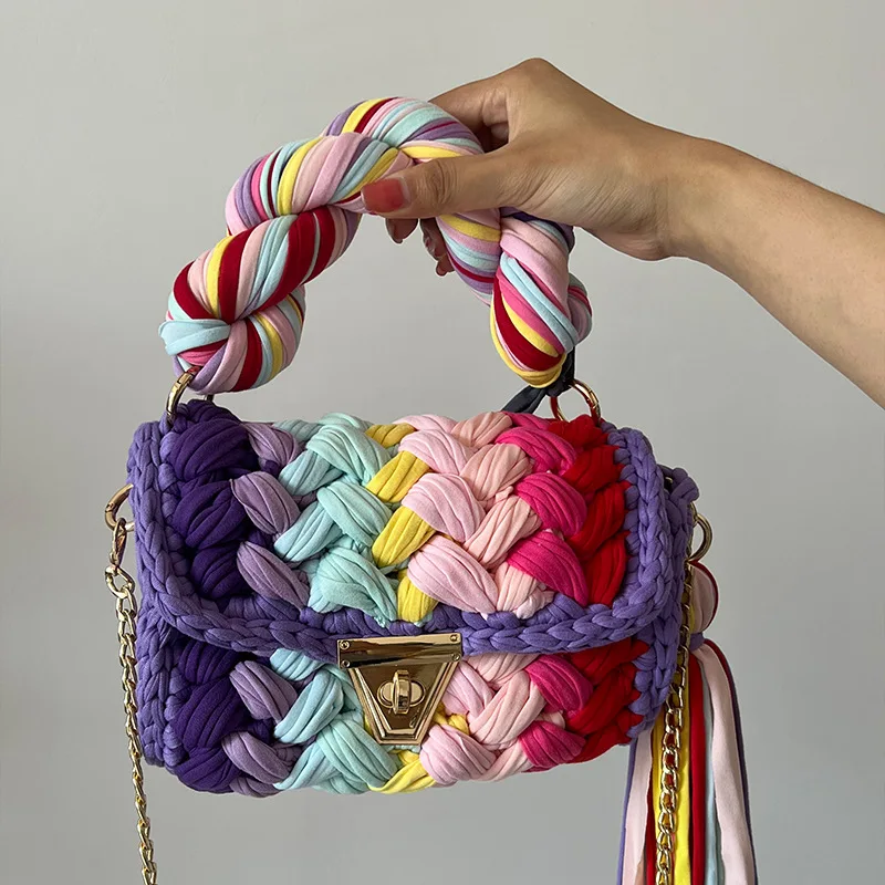 Fashion Multicolor Shoulder Bag Handwoven Crochet Handbag For Women Candy Color DIY Chunky Icelandic Yarn Chain Crossbody Bags