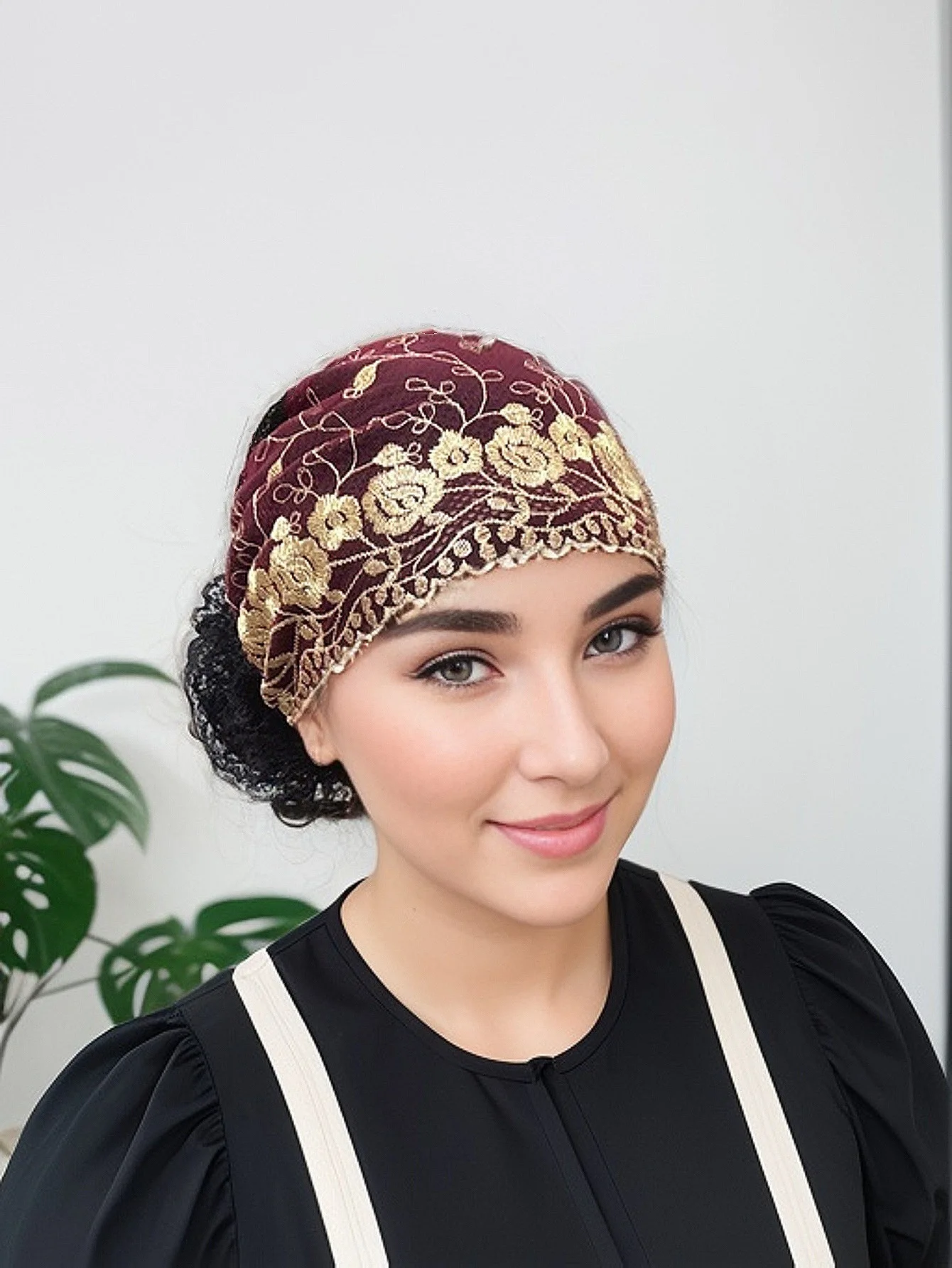 Elegant Elastic Bohemian Style Muslim Turban Cap Polyester Jacquard Fabric Breathable Hair Concealing Chemo Hat for Daily Wear