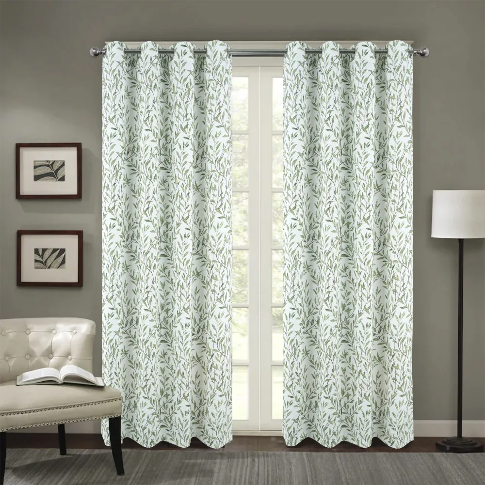 Botanical Leaves Printed Curtains, Green Leaves Thermal Insulated Privacy modern living room Drapes with Grommets
