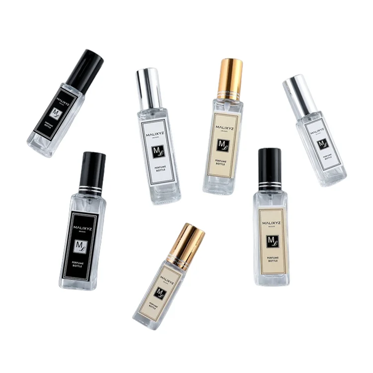 Stock 5ml 10ml 20ml 30ml clear empty square atomizer with pump spray lid perfume bottle gold black silver sprayfor sample