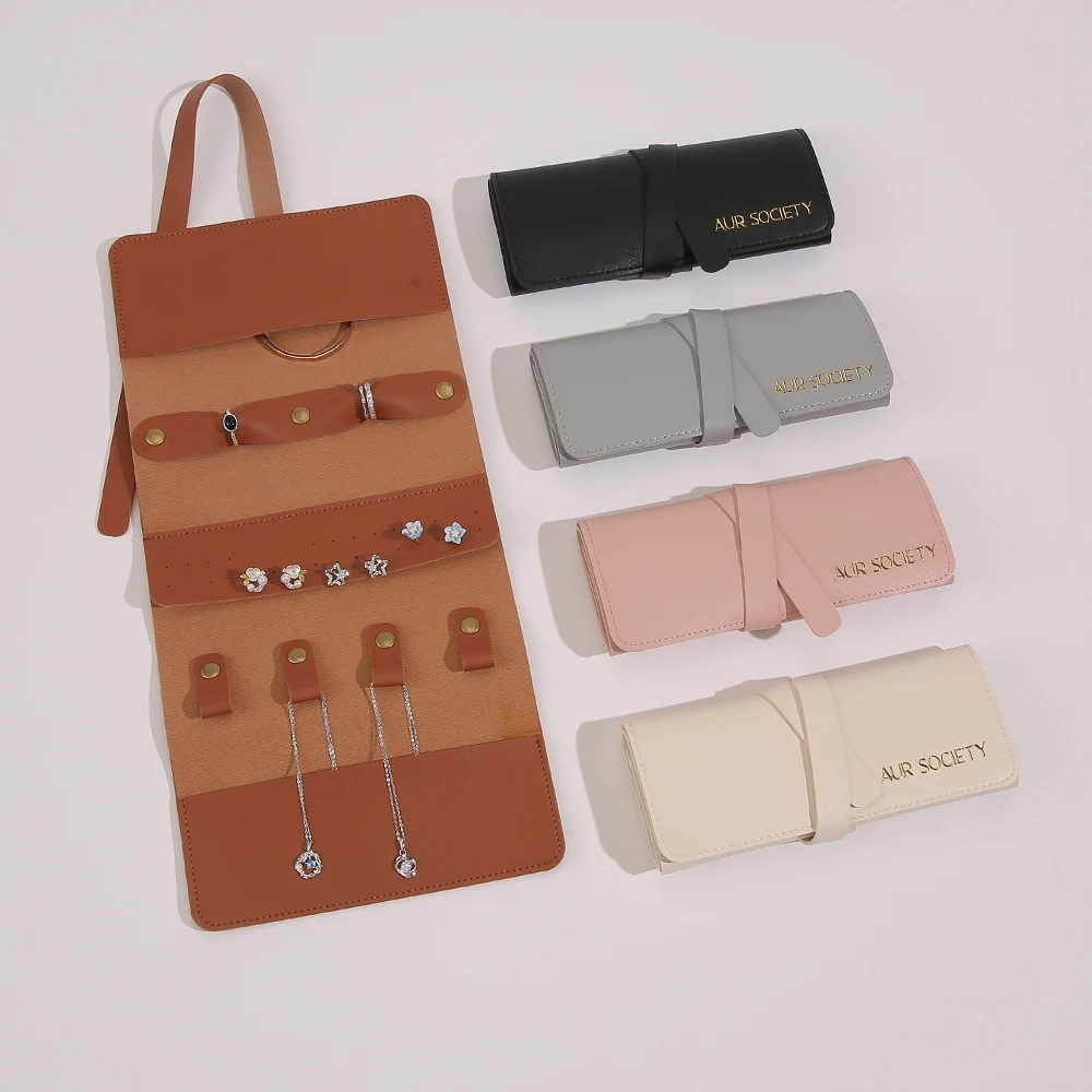 Wholesale Custom PU Leather Travel Jewelry Bag Storage Organizer For Ring Earring Necklace Foldable Jewellery Roll