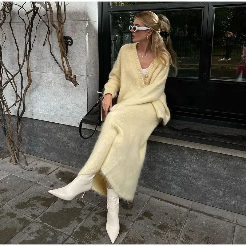 Autumn Fashion Solid Color Knitted Skirt 2 Piece Suit Single Breasted V Neck Cardigan High Waist Skirt Mohair Sweater Women