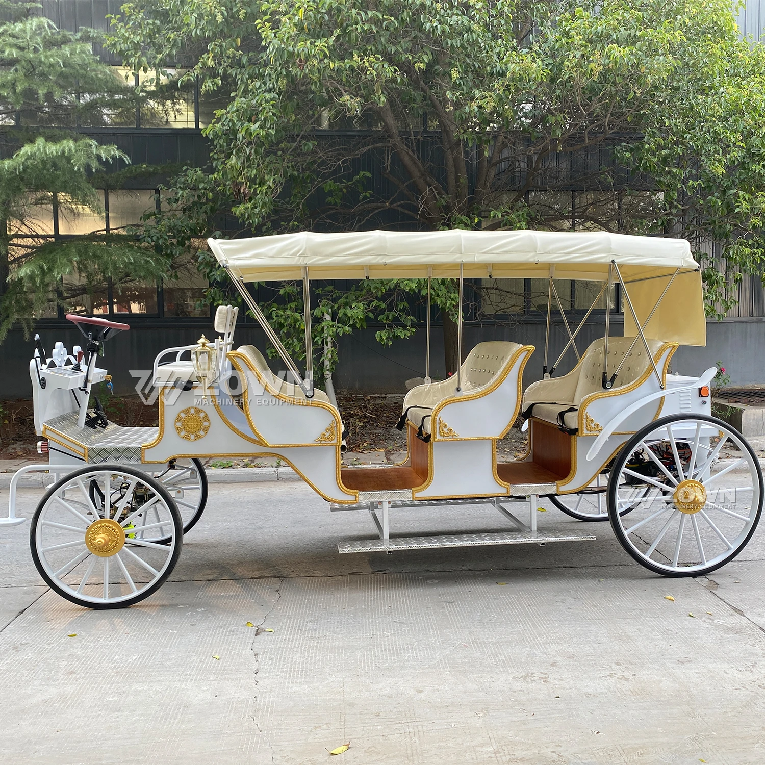 Luxurious White Metal Sightseeing Carriage - Customizable Big Victorian Style Wedding Wagon with Classic Horse Drawn Appeal