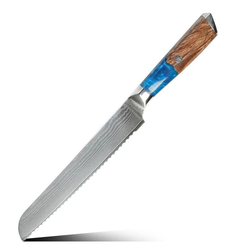 Factory 8 Inch Damascus 67 Layers Steel Kitchen Serrated Bread Knife With Resin & Stabilized Wood Handle