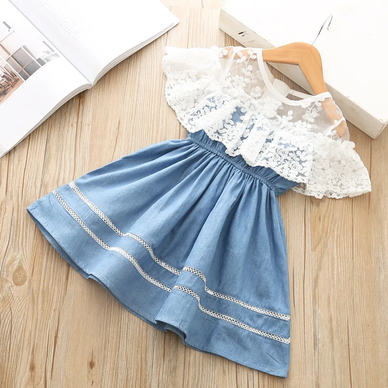 2022 Summer Fashion Toddler Solid Lace Denim Skirt Sleeveless Kids Clothes Casual Dress Baby Clothing Girls Children Dresses